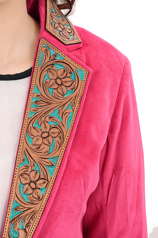 ADBZ703 American Darling Pink Fabric & Tooled Harness Leather Western Blazer Jacket