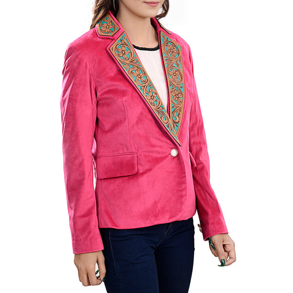 ADBZ703 American Darling Pink Fabric & Tooled Harness Leather Western Blazer Jacket