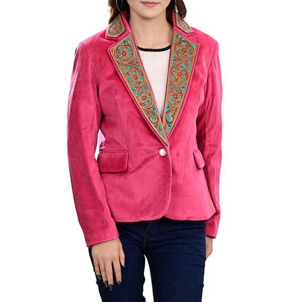 ADBZ703 American Darling Pink Fabric & Tooled Harness Leather Western Blazer Jacket