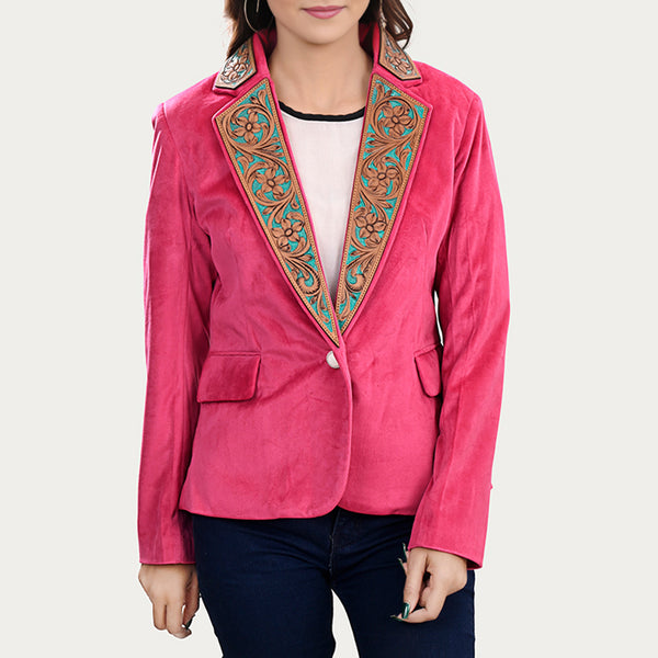 ADBZ703 American Darling Pink Fabric & Tooled Harness Leather Western Blazer Jacket