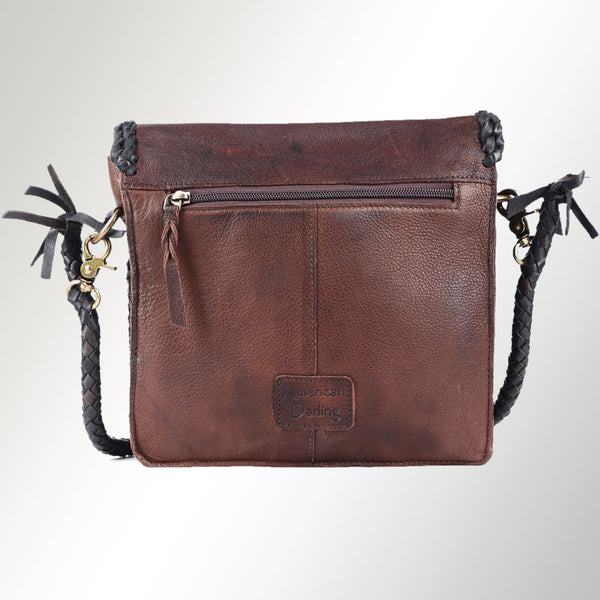 ADBGM250 Rustic Brown Leather Crossbody - Fringe Western Purse with Turquoise Concho