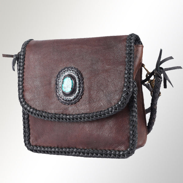 ADBGM250 Rustic Brown Leather Crossbody - Fringe Western Purse with Turquoise Concho