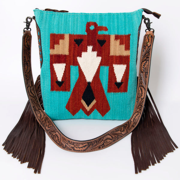 ADBG905 American Darling Southwestern Wool Blanket & Tooled Leather Crossbody Bag with Fringes