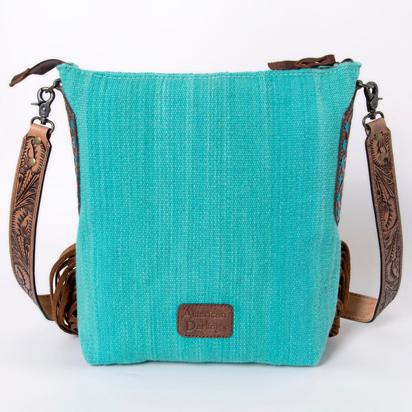 ADBG905 American Darling Southwestern Wool Blanket & Tooled Leather Crossbody Bag with Fringes