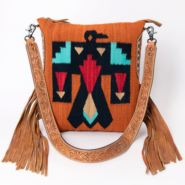 ADBG905 American Darling Southwestern Wool Blanket & Tooled Leather Crossbody Bag with Fringes