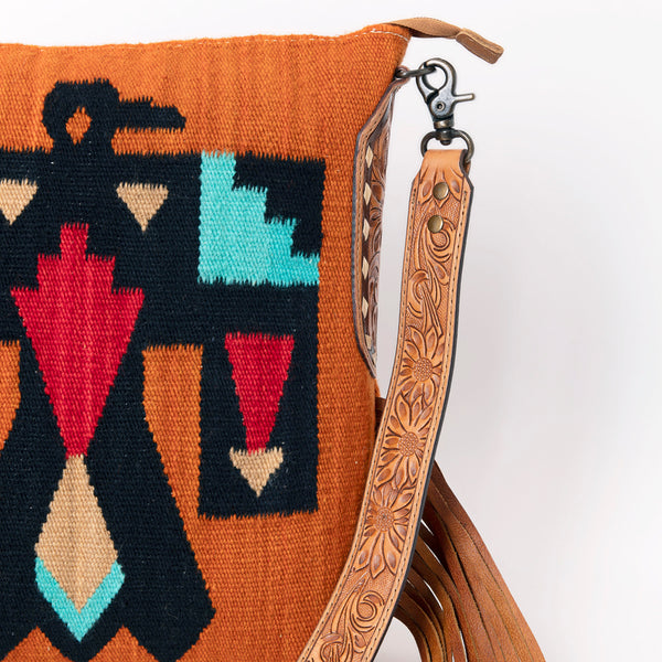 ADBG905 American Darling Southwestern Wool Blanket & Tooled Leather Crossbody Bag with Fringes