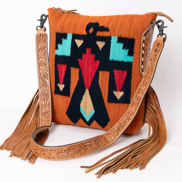 ADBG905 American Darling Southwestern Wool Blanket & Tooled Leather Crossbody Bag with Fringes