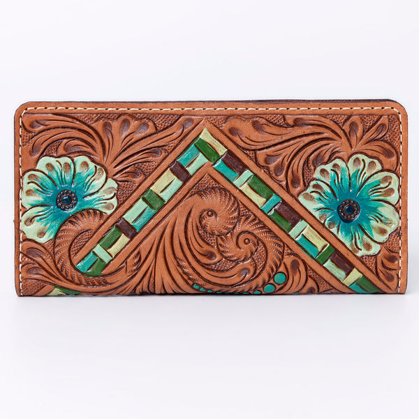 ADBG488 Artisan Genuine Leather Clutch with Tooled Floral Patterns and Braided Trim