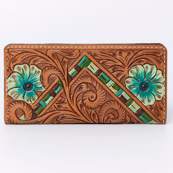 ADBG488 Artisan Genuine Leather Clutch with Tooled Floral Patterns and Braided Trim