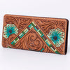 ADBG488 Artisan Genuine Leather Clutch with Tooled Floral Patterns and Braided Trim