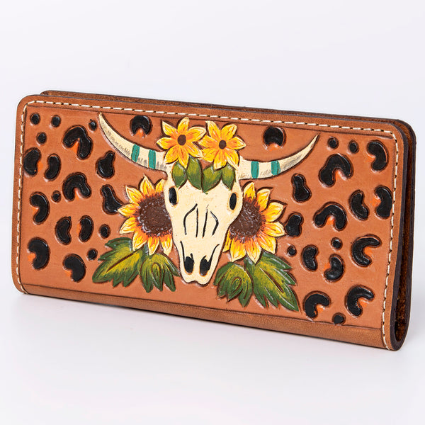 ADBG488 Artisan Genuine Leather Clutch with Tooled Floral Patterns and Braided Trim