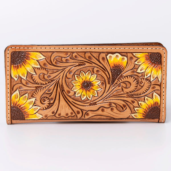 ADBG488 Artisan Genuine Leather Clutch with Tooled Floral Patterns and Braided Trim