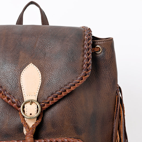 ADBGM275 Western Leather Backpack - Braided Trim, Fringe & Buckle Closure