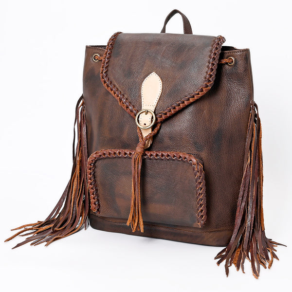 ADBGM275 Western Leather Backpack - Braided Trim, Fringe & Buckle Closure