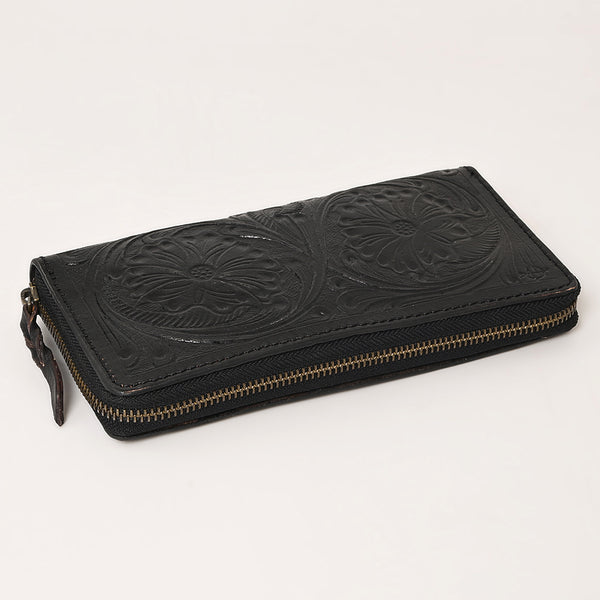 ADBGZ731D Black Hand Tooled Leather Floral Zip Organiser - Western Cowgirl Style