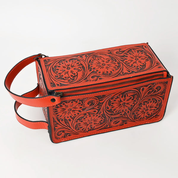 LC-ADBGZ733D Red Hand Tooled Leather Toiletry Bag - Western Floral Toiletry or Travel Case