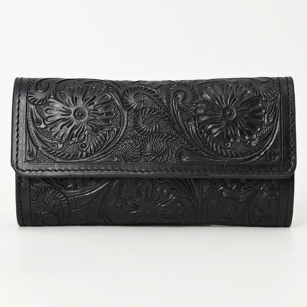 ADBGZ736D Black Hand Tooled Leather Tri-Fold Wallet - Western Cowgirl Floral Design
