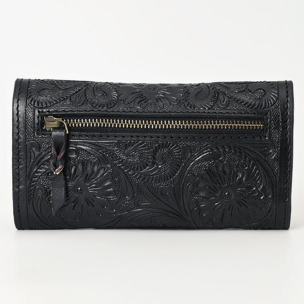 ADBGZ736D Black Hand Tooled Leather Tri-Fold Wallet - Western Cowgirl Floral Design