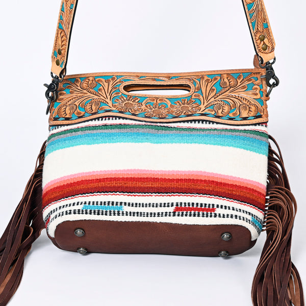 ADBGS146 Serape Wool & Turquoise Tooled Leather Crossbody - Fiesta Fringe Edition