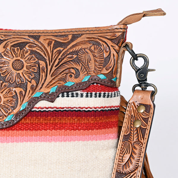 ADBGS192 Wool Large Crossbody Bag with Tooled Leather Yoke, Fringe & Western Strap - Boho Western Purse