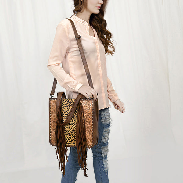 ADBG1086 American Darling Hair-on Cowhide Tote Bag with Hand-Tooled Leather and Fringes