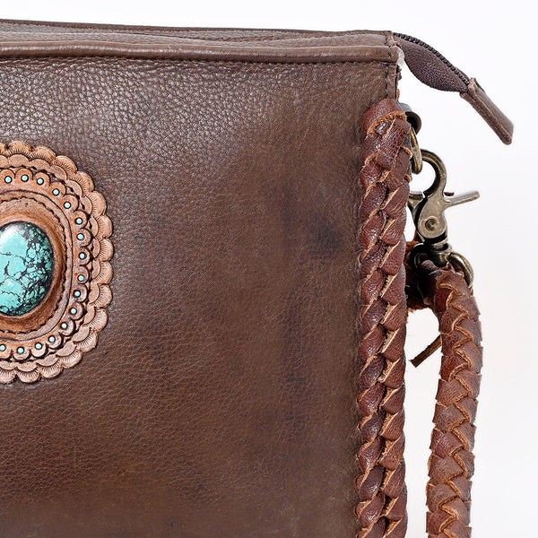 ADBGM335 Leather Crossbody Bag with Turquoise Concho & Braided Strap - Handmade Western Purse