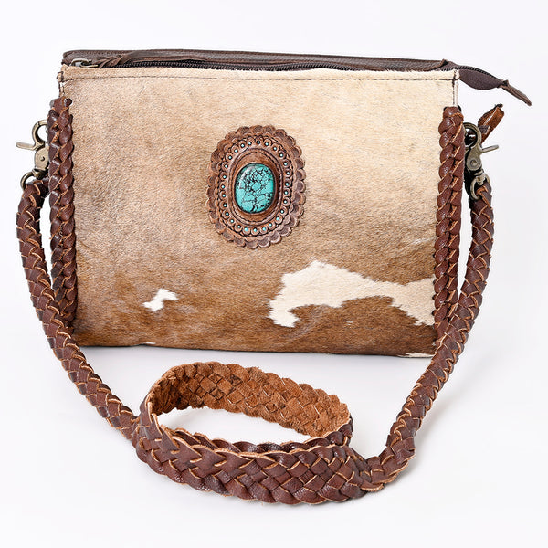 ADBGM335 Hair-On Cowhide Crossbody Bag with Turquoise Concho & Braided Strap - Western Handmade Purse