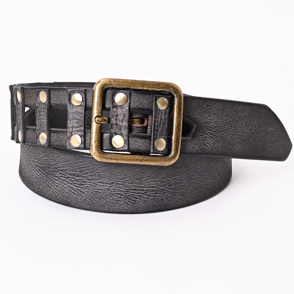 LC-ADBLF201 Black Vintage Leather Belt with Studded Cage Design and Antique Brass Buckle