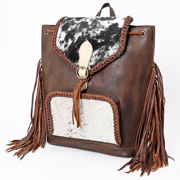 LC-ADBGM275B Cowhide Western Leather Backpack - Braided Trim, Fringe & Buckle Flap