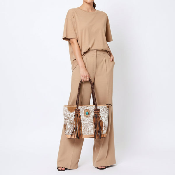 ADBGM315 Hair-On Cowhide Leather Tote - Western Fringe Bag with Turquoise Concho & Braided Handles