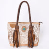 ADBGM315 Hair-On Cowhide Leather Tote - Western Fringe Bag with Turquoise Concho & Braided Handles