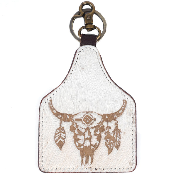 ADKRM116 Hair-On Cowhide Keyring Tribal Bull Skull with Feathers