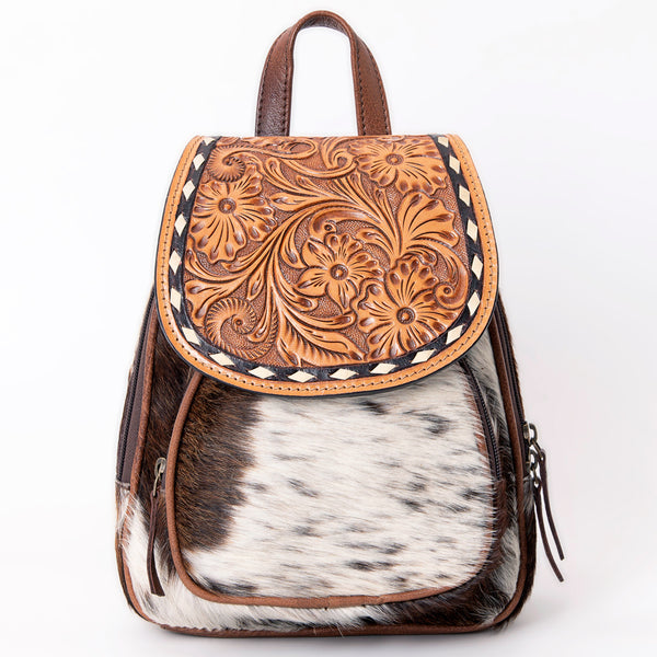 ADBG1102 American Darling Western Leather Mini Backpack with Hair-On Cowhide & Tooled Floral Flap