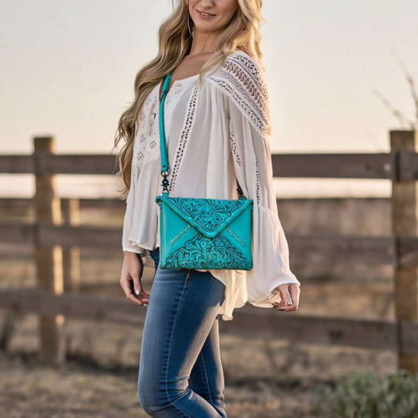 ADBG1109 American Darling Hand-Tooled Genuine Leather Western Envelope Bag Floral Carved Crossbody