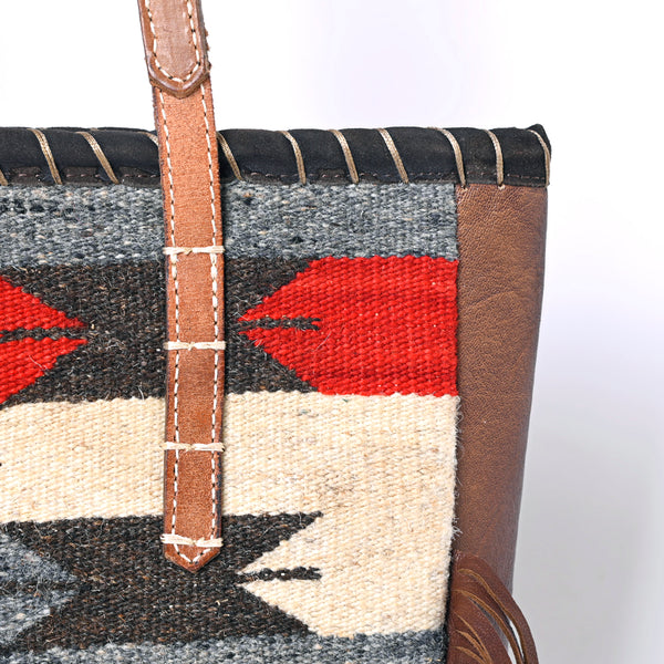 ADBG1115 American Darling Western Leather Tote Bag with Fringe & Handwoven Saddle Blanket Panel