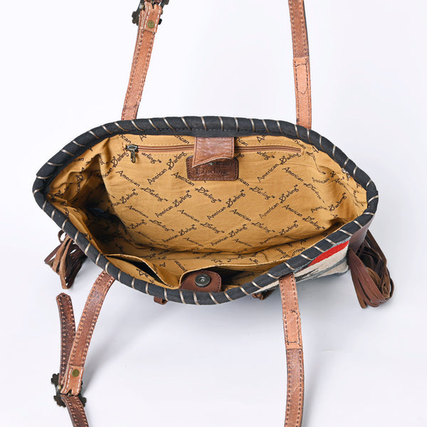 ADBG1115 American Darling Western Leather Tote Bag with Fringe & Handwoven Saddle Blanket Panel