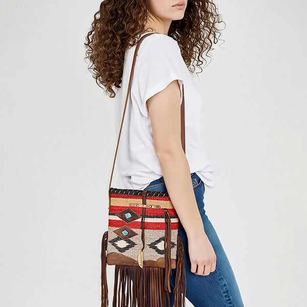 ADBG1116 American Darling Western Leather Crossbody Bag with Fringe & Handwoven Saddle Blanket
