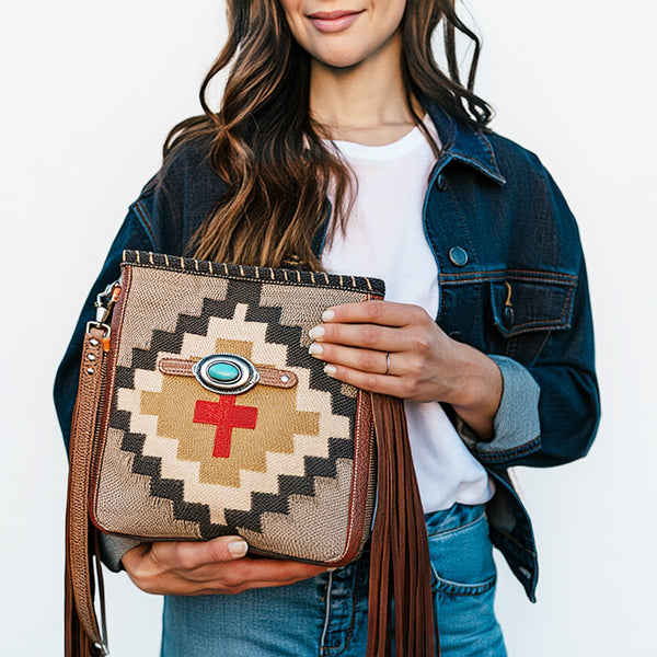 ADBG1120 American Darling Handcrafted Western Leather Tote Bag with Fringe, Genuine Leather & Native Design
