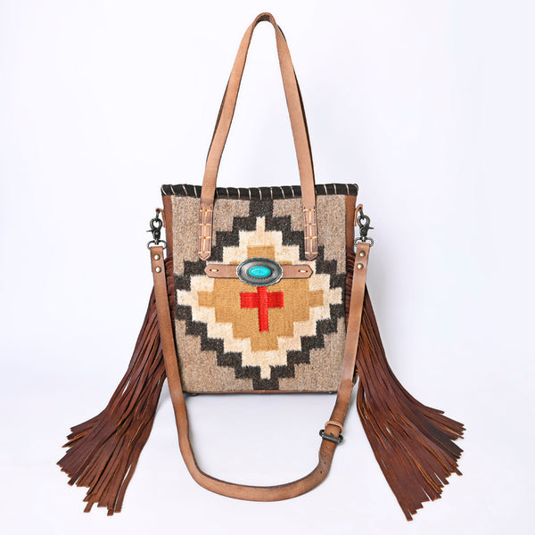 ADBG1120 American Darling Handcrafted Western Leather Tote Bag with Fringe, Genuine Leather & Native Design