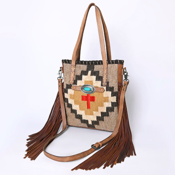 ADBG1120 American Darling Handcrafted Western Leather Tote Bag with Fringe, Genuine Leather & Native Design