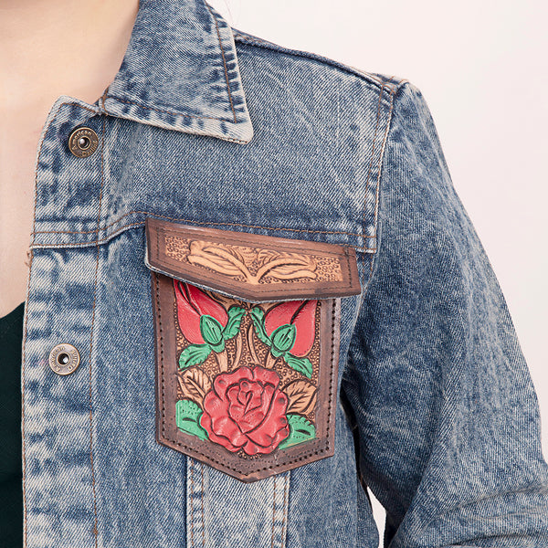 ADJKT003 American Darling Tooled Leather Denim Jacket Rose Painted Fringe