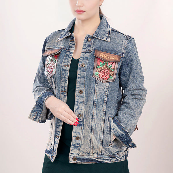 ADJKT003 American Darling Tooled Leather Denim Jacket Rose Painted Fringe