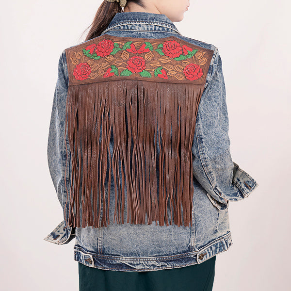 ADJKT003 American Darling Tooled Leather Denim Jacket Rose Painted Fringe