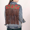 ADJKT003 American Darling Tooled Leather Denim Jacket Rose Painted Fringe