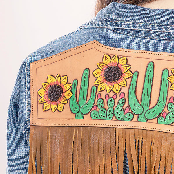 ADJKT007 American Darling Tooled Harness Leather Denim Jacket Cactus Sunflower