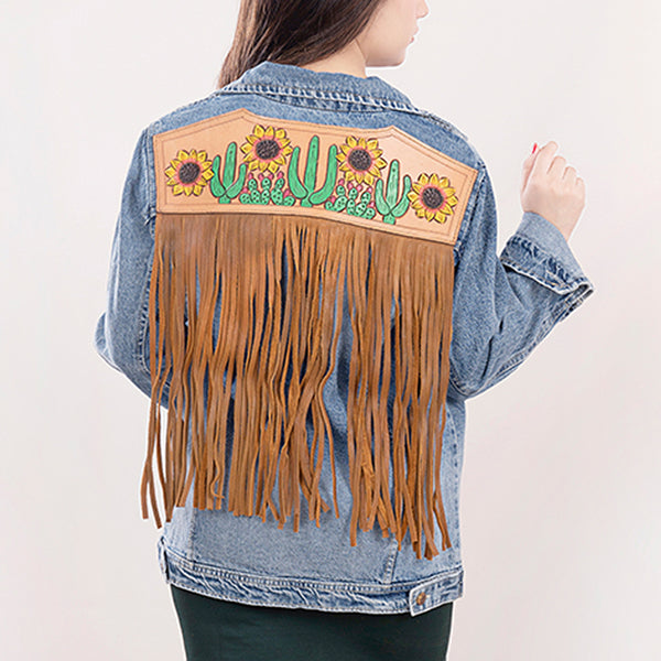 ADJKT007 American Darling Tooled Harness Leather Denim Jacket Cactus Sunflower
