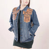 LC-ADJKT008 Classic Western Denim Jacket with Floral Tooled Leather Yoke & Tan Fringe