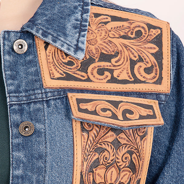 LC-ADJKT008 Classic Western Denim Jacket with Floral Tooled Leather Yoke & Tan Fringe