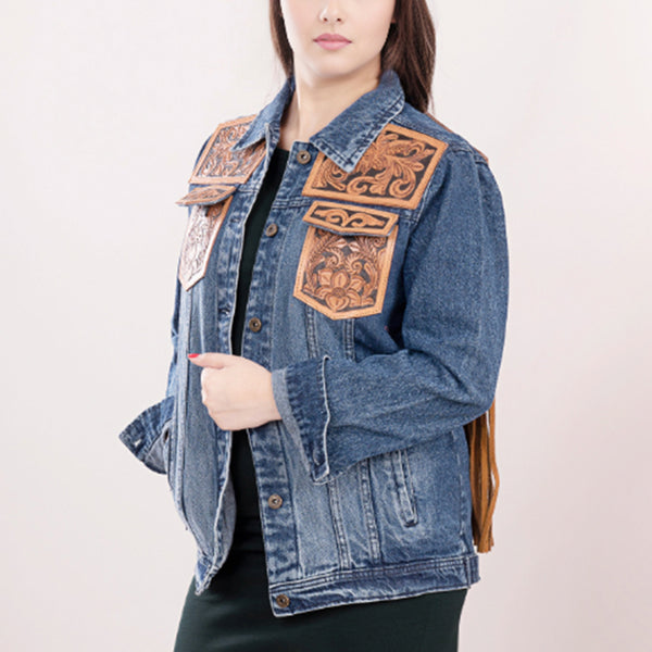 LC-ADJKT008 Classic Western Denim Jacket with Floral Tooled Leather Yoke & Tan Fringe