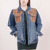 LC-ADJKT008 Classic Western Denim Jacket with Floral Tooled Leather Yoke & Tan Fringe